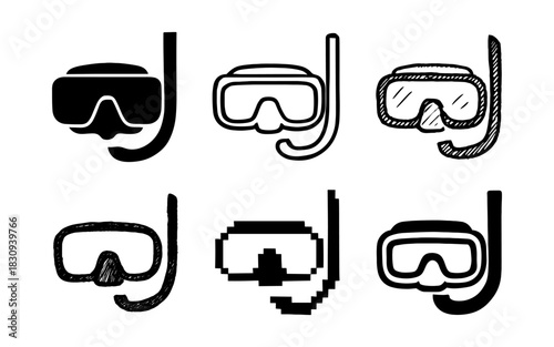 Variety of snorkel masks in different artistic styles on white background