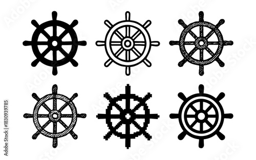 Set of six nautical steering wheels in various styles and textures