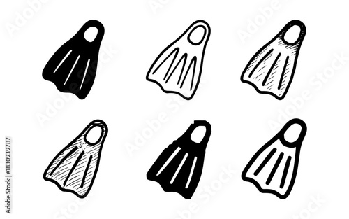 Hand drawn diving fins set in monochrome style for underwater adventures