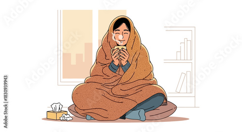 Sick Day in Winter – Person Wrapped in Blanket with Tissue and Hot Drink by Window