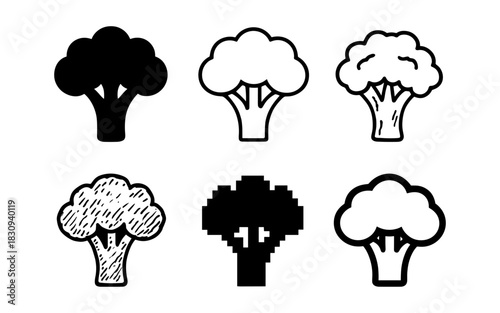 Variety of broccoli icons in different art styles on white background