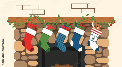 Christmas Stockings on Fireplace Mantel – Festive Holiday Decor with Gifts and Garland