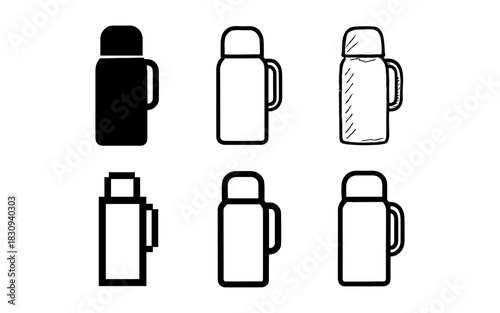 Thermos bottle icons set in various styles: silhouette, sketch, pixel art