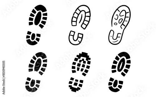 Diverse set of shoe footprints in simple black and white design