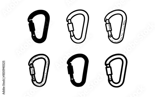 Set of carabiners in various hand-drawn styles for climbing enthusiasts