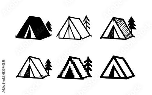 Camping tents linear icons collection with trees