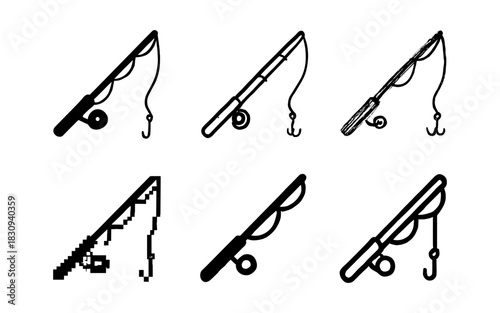 Variety of fishing rod icons in different artistic styles
