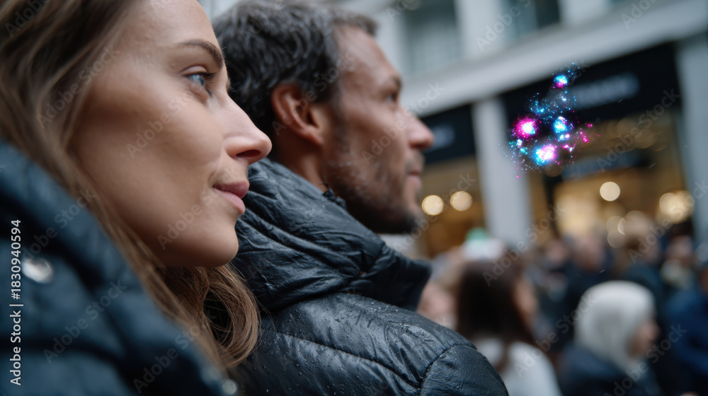 Naklejka premium A close-up shot of a couple engaged in a moment of connection as they watch the hustle and bustle of a busy street filled with people and vibrant city life.