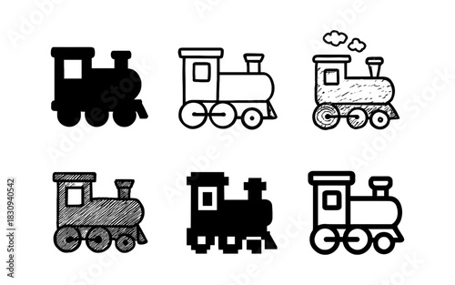 Diverse train locomotive designs in silhouette, sketch, and pixel styles