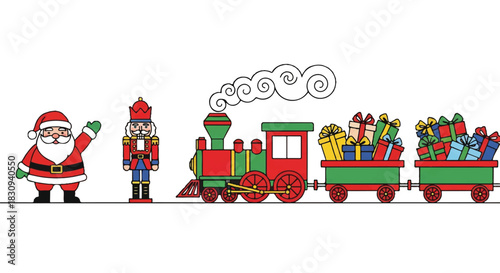 Whimsical flat 2D vector illustration Christmas banner featuring Santa Claus and a nutcracker next to a festive locomotive train loaded with colorful holiday gifts on a clean white background.