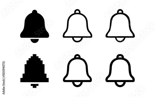 Diverse bell icons in flat, outline, and pixel styles for notifications