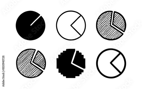 Set of pie chart icons in various styles: solid, linear, textured, and pixelated