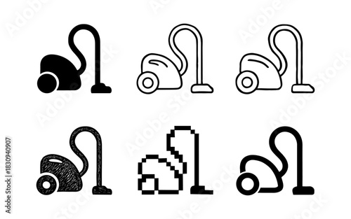 Diverse vacuum cleaner designs: silhouette, sketch, linear, and pixel art styles