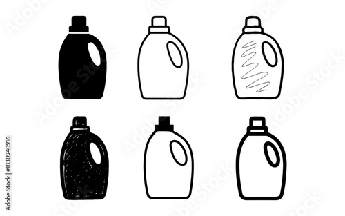 Set of detergent bottle icons in various outline and fill styles