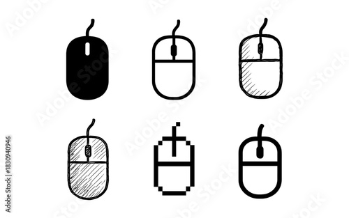 Set of computer mouse designs: silhouette, sketch, and pixelated styles