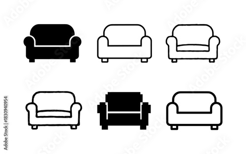Silhouette and outline sofa icons set: modern sofa designs in black and white