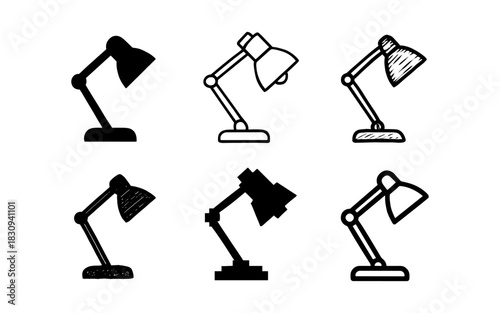Collection of desk lamp designs: silhouette and hand-drawn styles in black and white