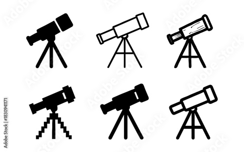Collection of telescope silhouettes on tripods for astronomy and stargazing themes