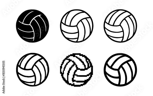 Set of volleyball icon designs in various styles: pixel, outline, black, and white