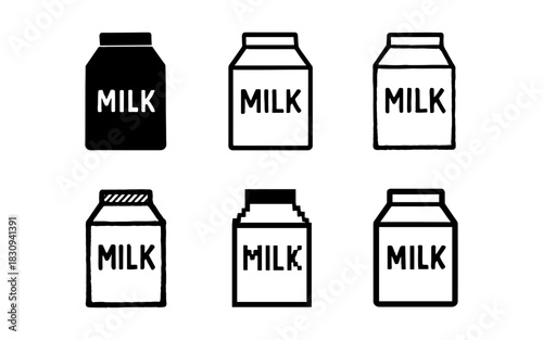 Diverse styles of milk carton designs in black and white