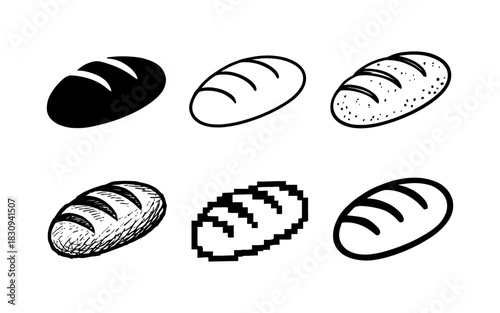 Bread icons in various artistic styles: pixel, sketch, silhouette, flat