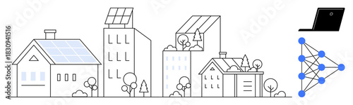 Solar-paneled homes and offices, eco-friendly design, trees, laptop, neural network diagram. Ideal for sustainability, energy management, smart cities, technology renewable energy AI digital
