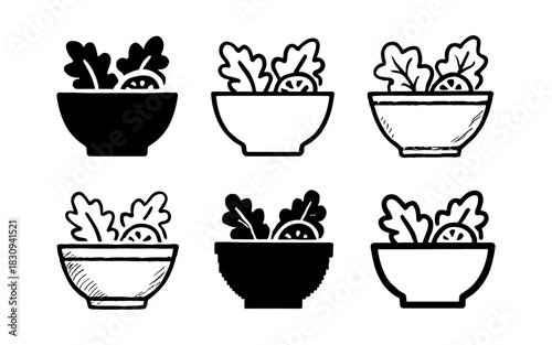 Set of hand-drawn and silhouette salad bowl designs featuring leafy greens and tomato