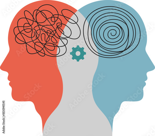 Abstract illustration of two human profiles showing chaotic and calm thoughts, mental health concept, psychology balance, emotional disorder and mindfulness visualization