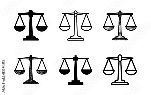 Collection of hand-drawn balance scales with diverse sketch styles