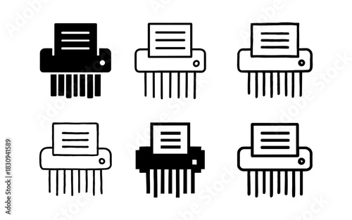 Silhouette icons of paper shredders in various styles and designs