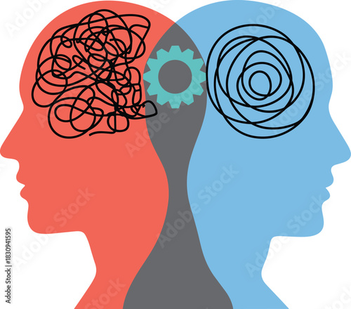 Abstract illustration of two human profiles showing chaotic and calm thoughts, mental health concept, psychology balance, emotional disorder and mindfulness visualization