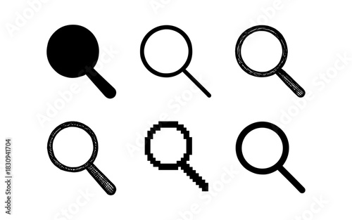 Variety of magnifying glass icons in different styles on white background