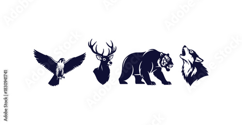 Collection of animal silhouettes falcon deer bear tiger and wolf for logos and badges