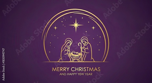 Elegant golden Nativity scene for a joyous Merry Christmas and Happy New Year on festive purple background, perfect for holiday cards and social media