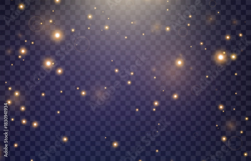 Vector magical light dust, dusty shine. Flying particles of light. Christmas light effect. Sparkling particles of fairy dust glow in transparent background. Vector illustration on png