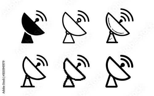 Diverse styles of antenna satellite dishes with wireless signal icons