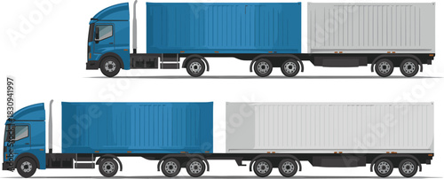 Detailed illustration of long haul semi trucks with blue and gray shipping containers, cargo transportation vehicles, logistics freight trucks for delivery