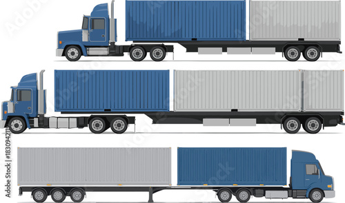 Detailed illustration of long haul semi trucks with blue and gray shipping containers, cargo transportation vehicles, logistics freight trucks for delivery