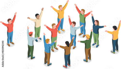 Isometric illustration of diverse people standing in a circle raising arms, teamwork celebration concept, unity group activity, community support and collaboration
