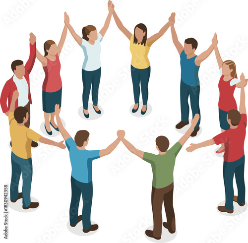 Isometric illustration of diverse people standing in a circle raising arms, teamwork celebration concept, unity group activity, community support and collaboration