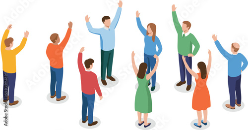 Isometric illustration of diverse people standing in a circle raising hands, teamwork activity concept, group unity, community support and collaborative interaction