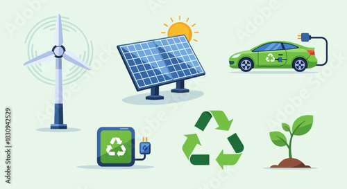 Green energy concept with renewable sources and electric car promoting sustainability