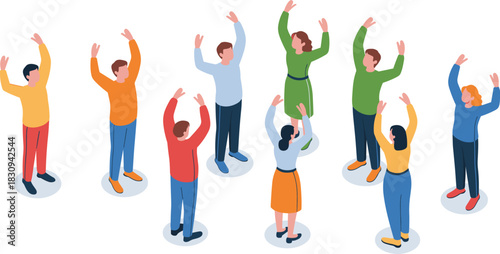 Isometric illustration of diverse people standing in a circle raising hands, teamwork activity concept, group unity, community support and collaborative interaction
