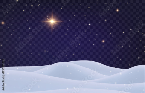 Vector Christmas night png. Night snowdrifts with stary sky on transparent background. Snow night landscape stars, frozen hills with snowbanks texture.