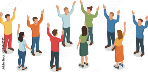 Isometric illustration of diverse people standing in a circle raising hands, teamwork activity concept, group unity, community support and collaborative interaction