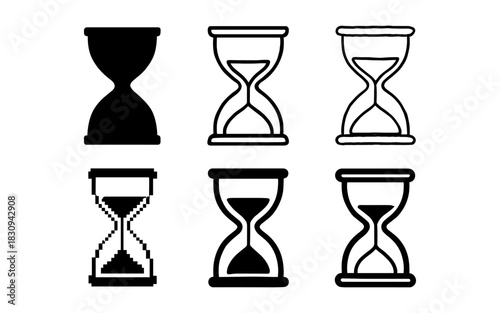 Collection of hourglass designs in various styles: flat, linear, and pixel art