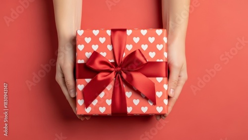 Person Giving a Heartfelt Gift Wrapped in Bright Heart Pattern Paper with
