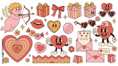 Playful heart-themed illustrations with whimsical characters and love symbols