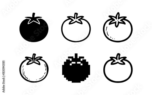 Set of tomato icons in various styles including pixel and outline