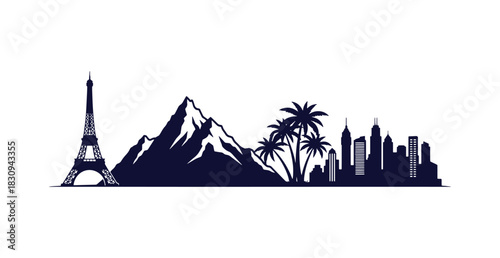 Collection of iconic global landmarks and cityscapes in a flat black silhouette style